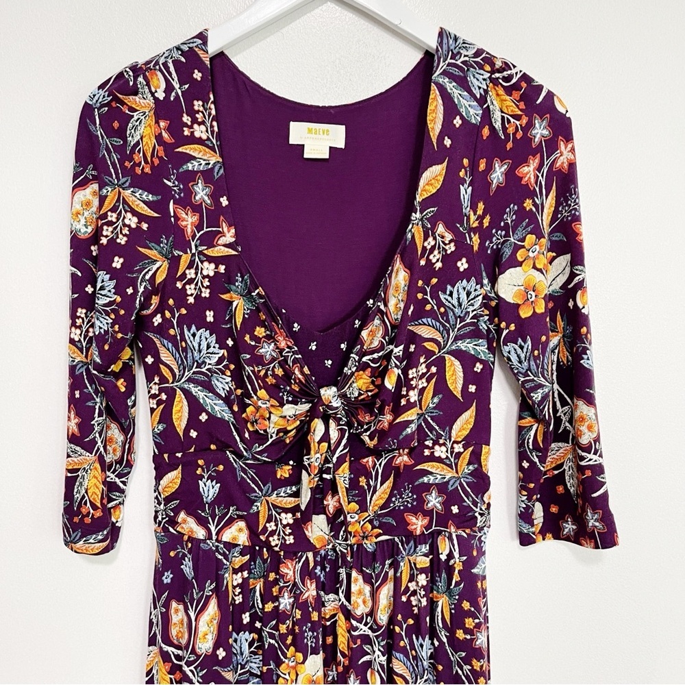 Anthropologie Purple Floral Tie-Front Midi Dress with Yellow Accents - Picture 4 of 10